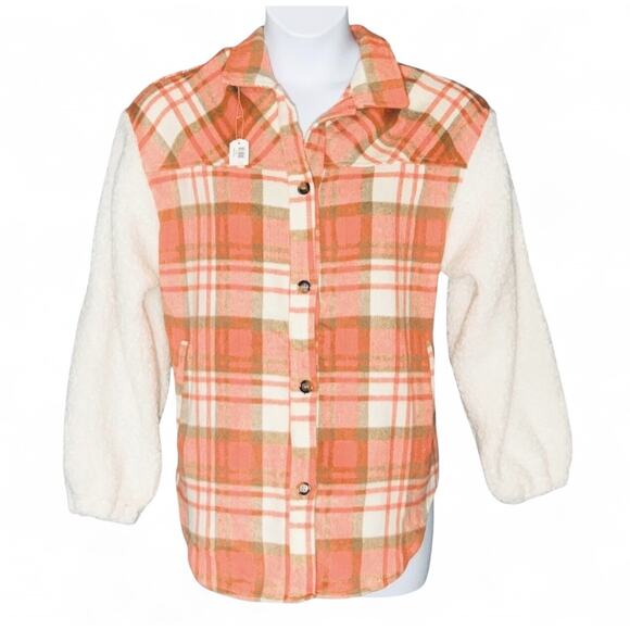 NWT Sherpa Sleeve Flannel Shacket Jacket Size S Orange White Plaid Western Boho - Picture 2 of 12